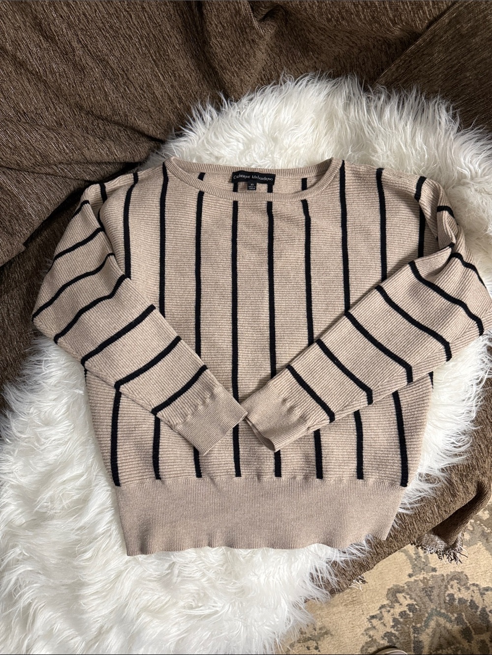Catherine Malandrino Beige Crewneck Sweater with Black Stripes